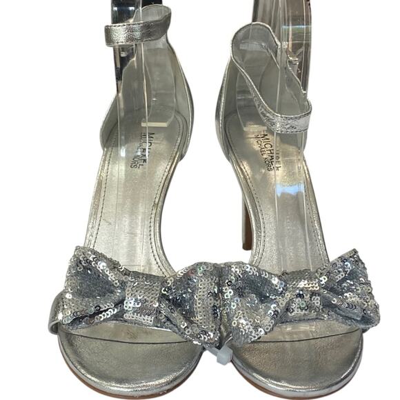 Michael Kors Paris Sequin Bow High Heel Dress Party Shoes Sandal Silver Size 7 - Picture 3 of 11